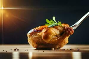 uma garfo é segurando uma peça do frango em uma de madeira mesa. gerado por IA foto