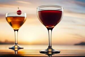 dois óculos do vinho com uma cereja em a mesa. gerado por IA foto