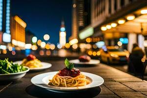 espaguete e salada em uma prato dentro uma cidade. gerado por IA foto