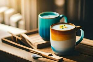 dois colorida copos do leite chá sentar em uma de madeira bandeja. gerado por IA foto