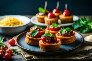 pequeno mini tortas com cereja tomates e manjericão. gerado por IA foto