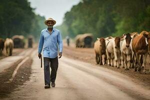 uma homem caminhando baixa uma sujeira estrada com gado. gerado por IA foto