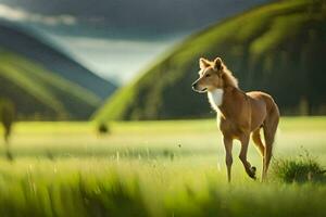 uma cavalo é caminhando através uma verde campo. gerado por IA foto