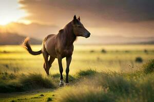 uma cavalo é caminhando dentro a Relva às pôr do sol. gerado por IA foto