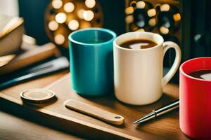 dois café copos e uma caneta em uma mesa. gerado por IA foto