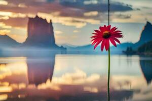 uma solteiro vermelho flor é em pé em uma lago com montanhas dentro a fundo. gerado por IA foto