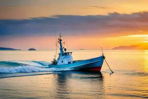 uma pescaria barco dentro a oceano às pôr do sol. gerado por IA foto