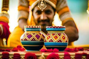 uma homem dentro tradicional indiano vestuário senta Próximo para dois colorida potes. gerado por IA foto