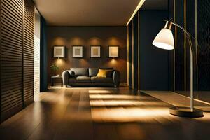 uma moderno vivo quarto com de madeira pavimentos e uma lâmpada. gerado por IA foto