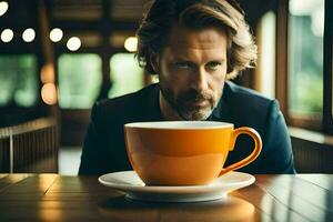 uma homem sentado às uma mesa com uma café copo. gerado por IA foto