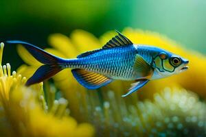 uma peixe natação dentro a oceano com amarelo flores gerado por IA foto