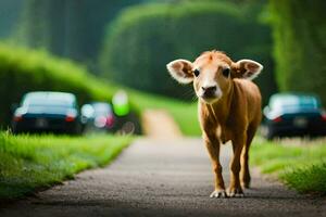 uma pequeno vaca em pé em uma estrada dentro frente do carros. gerado por IA foto