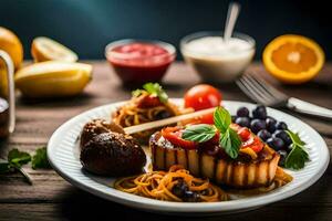 uma prato do Comida com legumes e fruta. gerado por IA foto