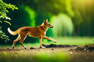 uma cachorro corrida dentro a floresta. gerado por IA foto