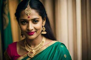 uma lindo indiano mulher vestindo uma verde sari e ouro joia. gerado por IA foto