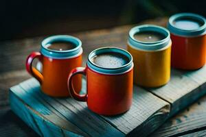 quatro café canecas em uma de madeira bandeja. gerado por IA foto