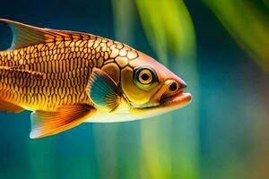 uma peixe com uma amarelo e Preto corpo é natação dentro a água. gerado por IA foto
