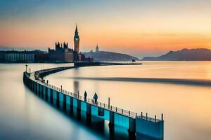 foto papel de parede a céu, água, ponte, cidade, lago, pôr do sol, lago, ponte,. gerado por IA