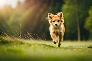 uma cachorro corrida através uma campo. gerado por IA foto