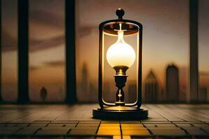 uma luminária em uma mesa dentro frente do uma paisagem urbana. gerado por IA foto