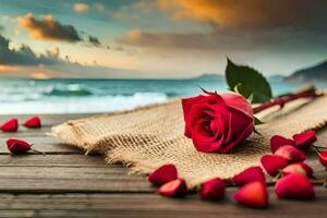 a rosa é em a de praia com a pôr do sol dentro a fundo. gerado por IA foto