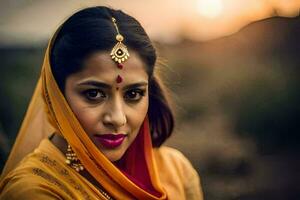 a indiano mulher dentro uma tradicional sári. gerado por IA foto