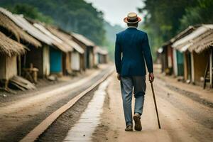 uma homem dentro uma terno e chapéu caminhando baixa uma sujeira estrada. gerado por IA foto