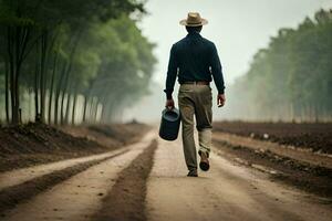 uma homem caminhando baixa uma sujeira estrada com uma balde. gerado por IA foto
