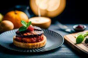 uma prato com uma pastelaria e fruta em isto. gerado por IA foto