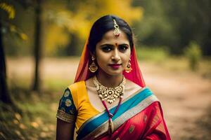 uma lindo indiano mulher dentro tradicional roupas. gerado por IA foto