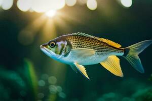 uma peixe natação dentro a água com luz solar brilhando. gerado por IA foto