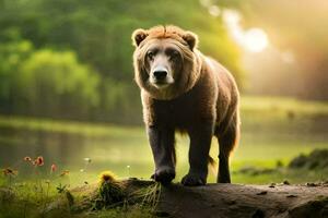 uma Castanho Urso é caminhando dentro a madeiras. gerado por IA foto