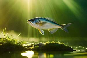 peixe pulando sobre água com luz solar brilhando através. gerado por IA foto