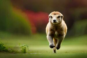 uma bebê meerkat corrida através uma campo. gerado por IA foto