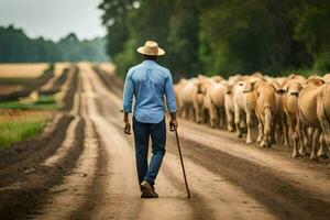 uma homem caminhando baixa uma sujeira estrada com gado. gerado por IA foto