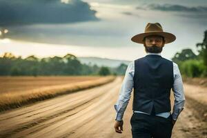 uma homem dentro uma chapéu e colete caminhando baixa uma sujeira estrada. gerado por IA foto