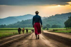 uma homem caminhando baixa uma sujeira estrada com vacas. gerado por IA foto