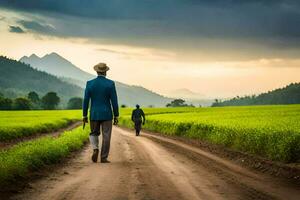 dois homens caminhando baixa uma sujeira estrada dentro uma campo. gerado por IA foto