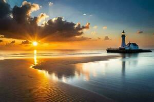 a Sol conjuntos sobre uma farol em a de praia. gerado por IA foto