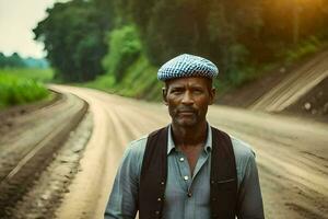 uma homem em pé em uma sujeira estrada com uma chapéu sobre. gerado por IA foto