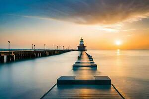 uma grandes exposição fotografia do uma farol às pôr do sol. gerado por IA foto