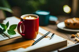 café e uma caderno em uma de madeira mesa. gerado por IA foto