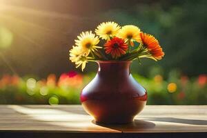 flores dentro uma vaso em uma mesa. gerado por IA foto