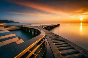 uma cais às pôr do sol com uma grandes ponte. gerado por IA foto