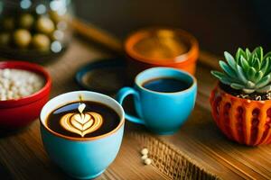uma café copo com uma coração Projeto e uma copo do café com feijões. gerado por IA foto