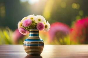 uma vaso com flores em uma mesa dentro frente do uma borrado fundo. gerado por IA foto