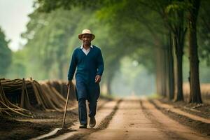 a velho homem caminhando baixa uma sujeira estrada com uma bengala. gerado por IA foto