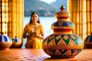 uma mulher dentro uma amarelo sari senta dentro frente do uma colorida vaso. gerado por IA foto