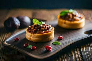 dois mini tortas em uma de madeira bandeja com cerejas. gerado por IA foto