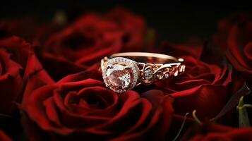 fotografia a elegante noivado anel apresentando uma radiante ônix aninhado dentro uma cama do rosas. generativo ai foto